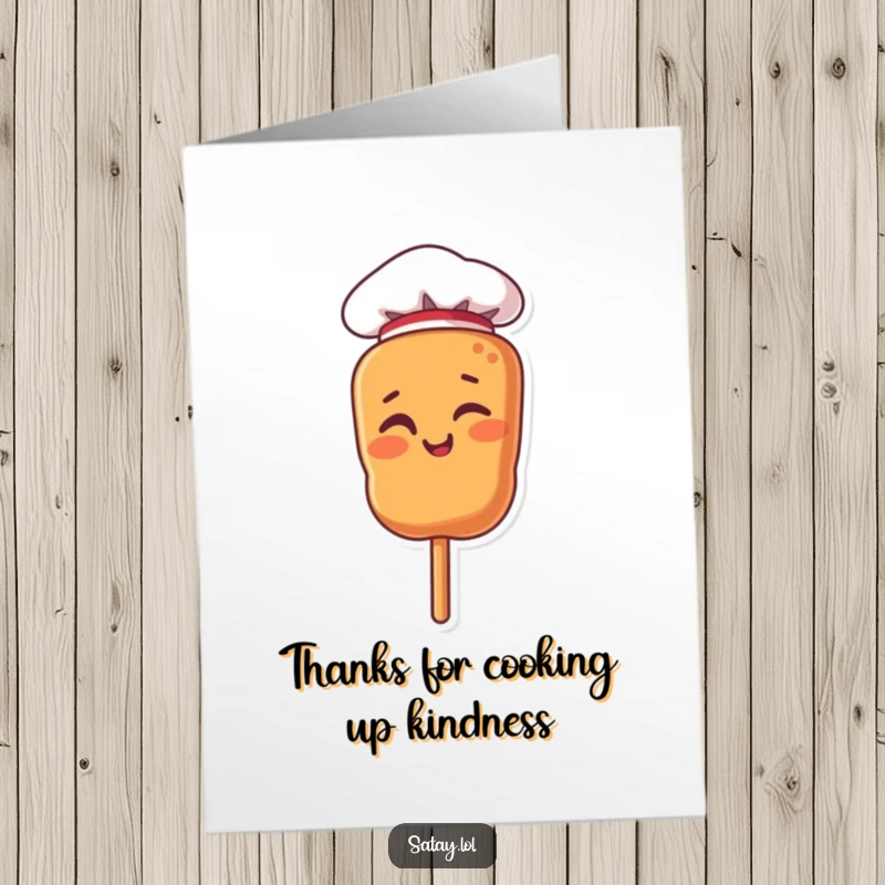 Funny Free Printable Thank You Card featuring a satay skewer chef character in a mini hat, winking to express thanks with a playful, culinary charm.
