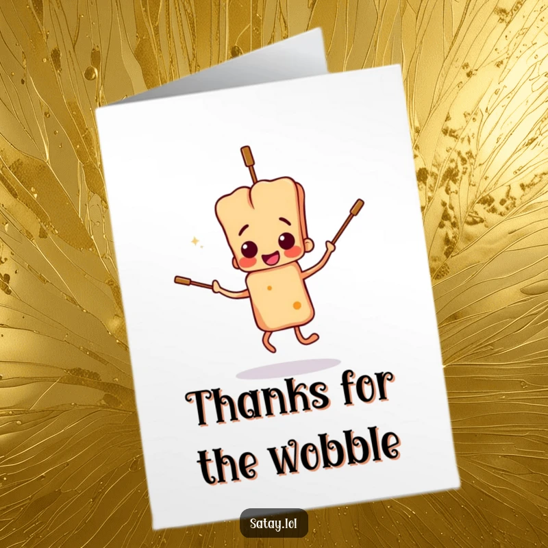 Funny Free Printable Thank You Card: a satay skewer doing a comically uncoordinated dance, skewers flopping, to show appreciation.