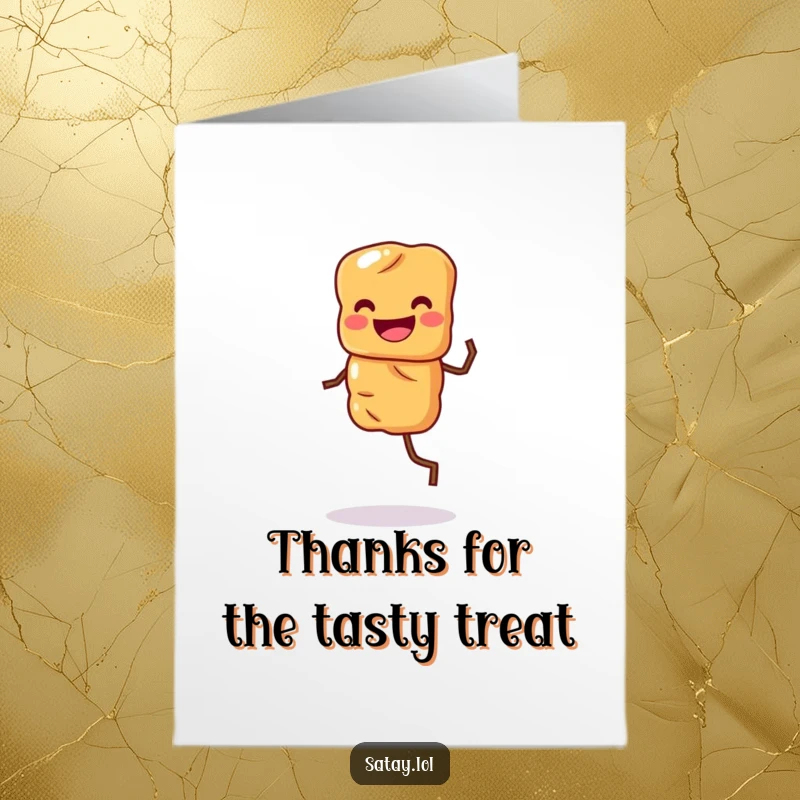 Funny Free Printable Thank You Card with a grinning satay skewer character performing a lively jig, expressing thanks in a fun, energetic way.