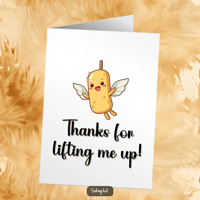 Funny Free Printable Thank You Card: A satay skewer flaps its tiny peanut wings, trying to fly to deliver your thanks.