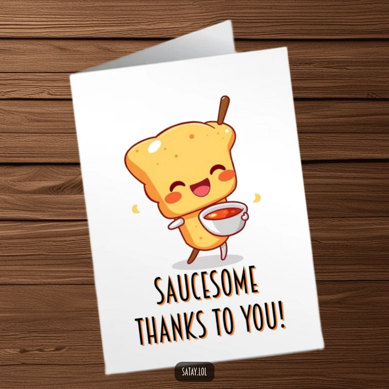 Funny Free Printable Thank You Card: A happy satay skewer character wiggles happily, holding a small bowl of dipping sauce.