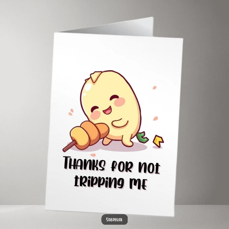 Funny Free Printable Thank You Card showing a satay skewer character comically tripping over its own stick, adding a self-deprecating humor to thanks.