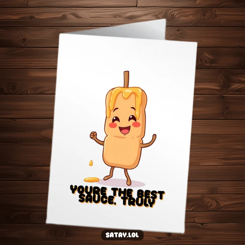 Funny Free Printable Thank You Card: Smiling satay skewer doing a jig, peanut sauce drizzling, expressing thanks.