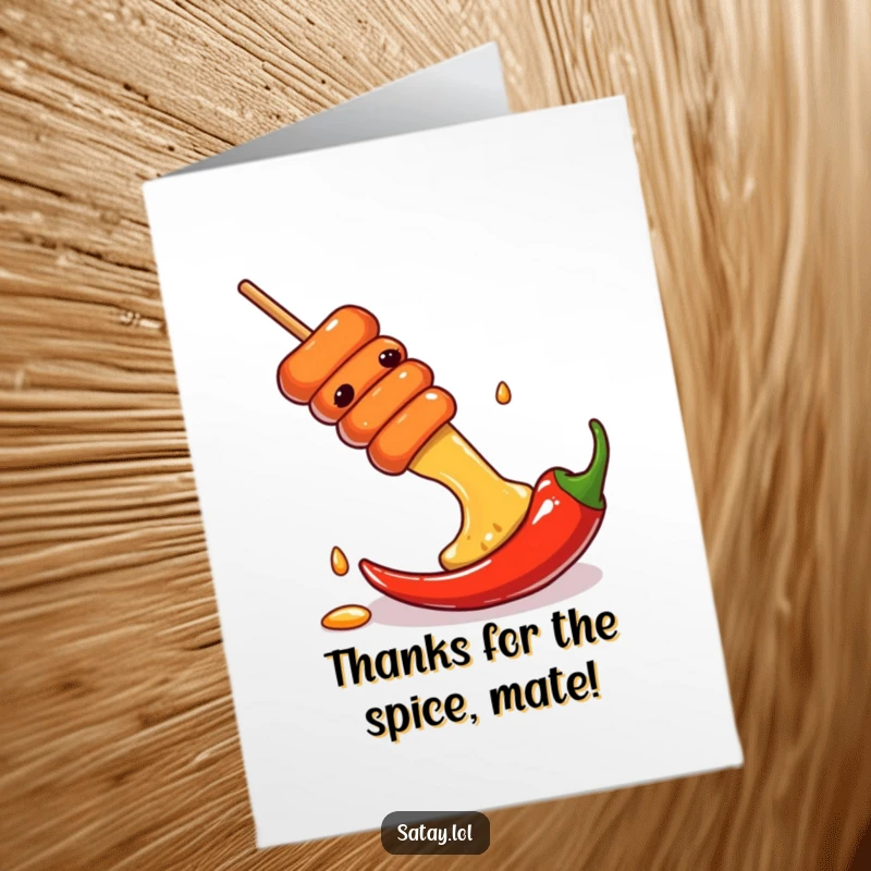 Funny Free Printable Thank You Card: A satay skewer slides down a spicy chili pepper, offering thanks with a dash of fun.