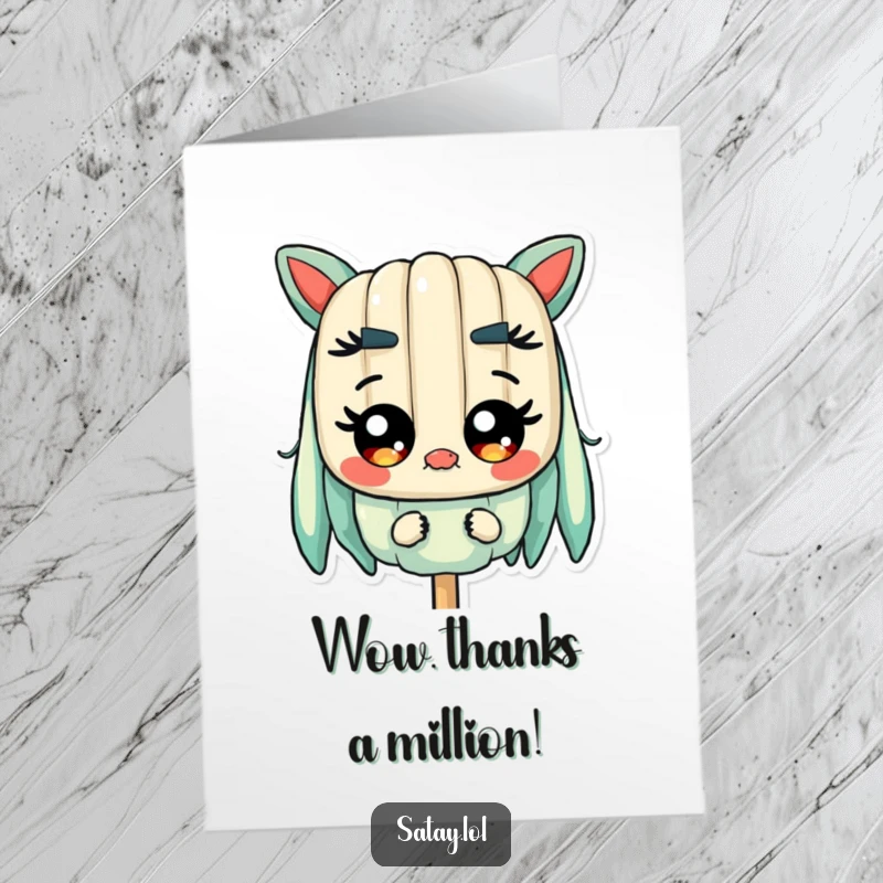 Funny Free Printable Thank You Card: A satay skewer character with wide, shiny eyes looking surprised.