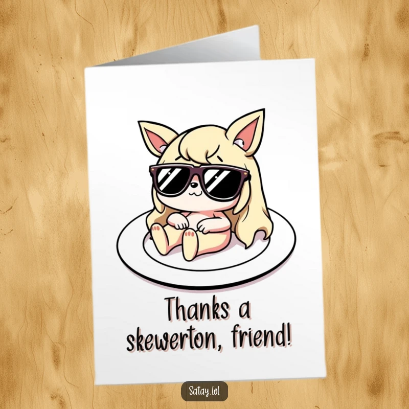 Funny Free Printable Thank You Card: Cool satay character in sunglasses lounging, expressing chill gratitude.