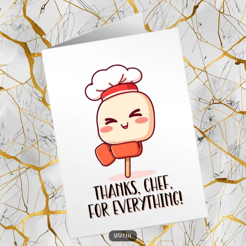 Funny Free Printable Thank You Card: A satay skewer chef with a tiny hat gives a confident wink, saying thank you.