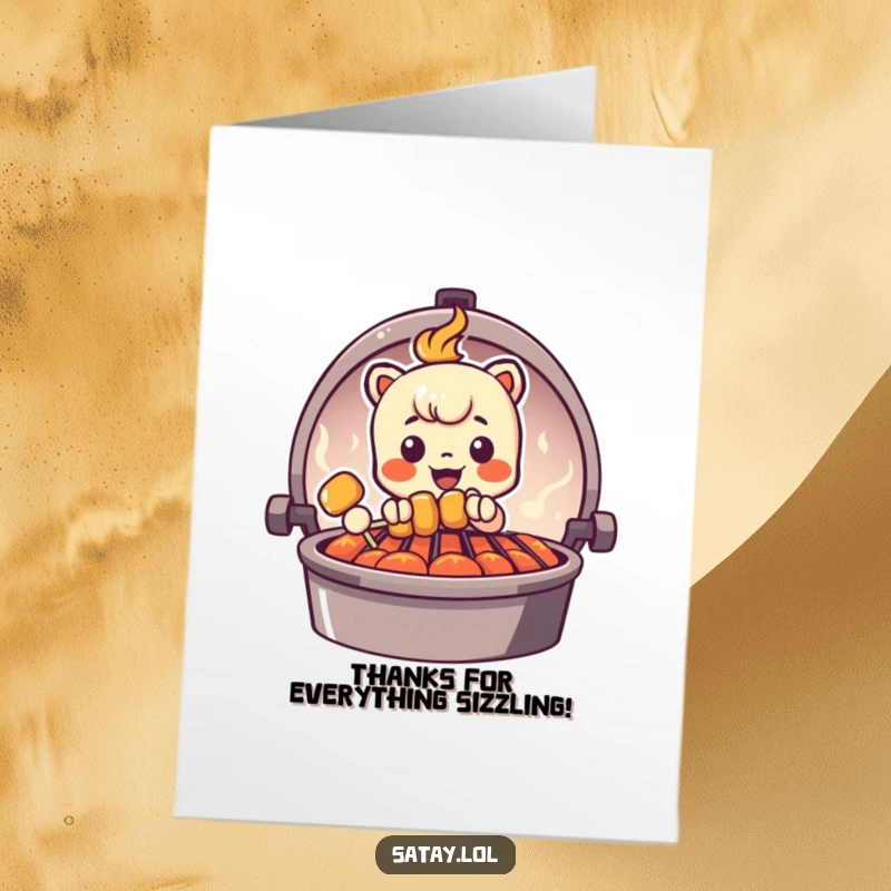 Funny Free Printable Thank You Card with a satay skewer character peeking from behind a grill, offering thanks.