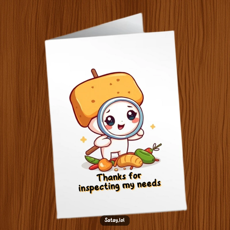 Funny Free Printable Thank You Card: A satay skewer holds a magnifying glass, inspecting spices with comical intensity.