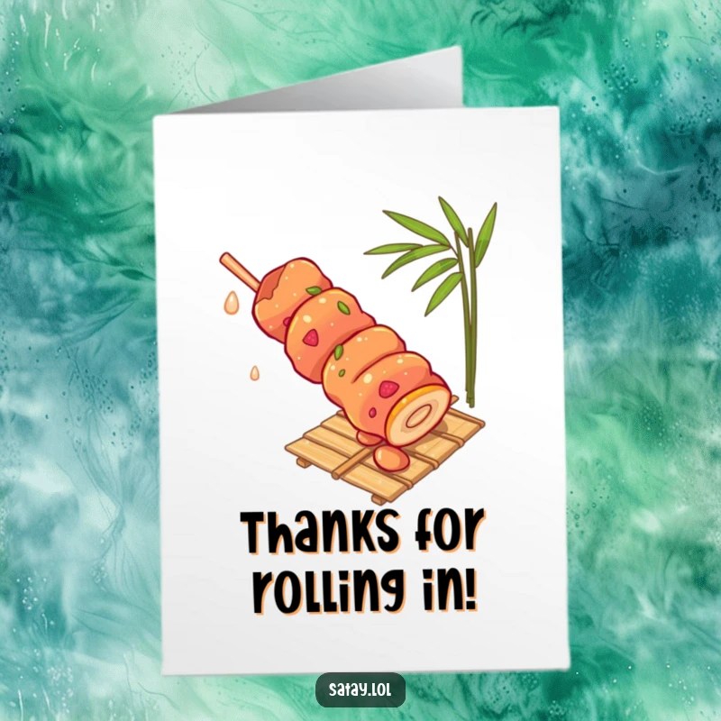Funny Free Printable Thank You Card: A happy satay skewer rolls with gusto down a bamboo mat, conveying thanks.