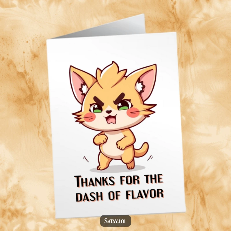 Funny free printable thank you card showing a determined satay skewer running quickly to express gratitude.