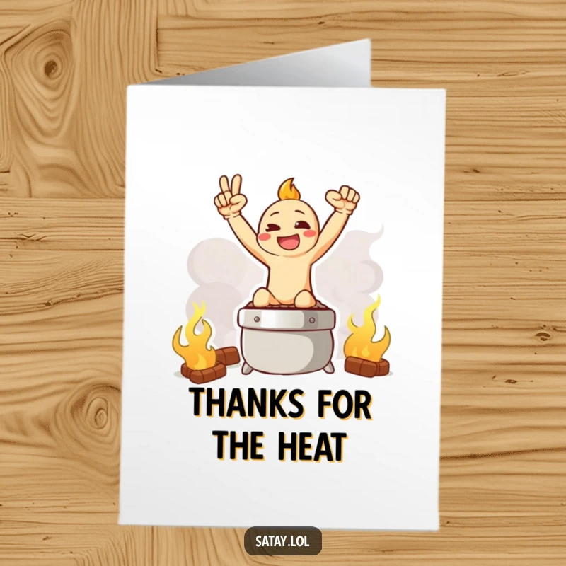 Funny Free Printable Satay Thank You Card: A triumphant satay skewer posing on a smoky grill, saying thanks victoriously.