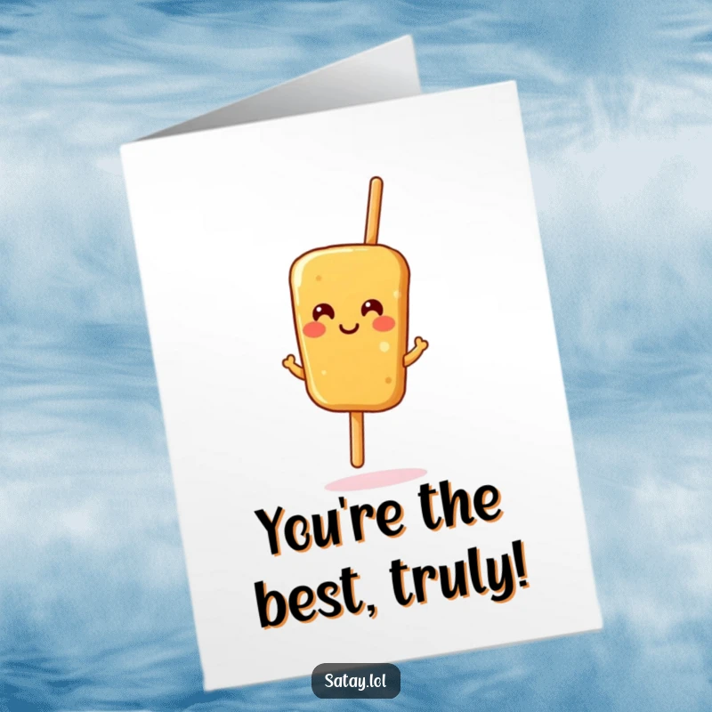Funny Free Printable Thank You Card: A smiling satay skewer happily dances, showing sincere appreciation with a playful attitude.