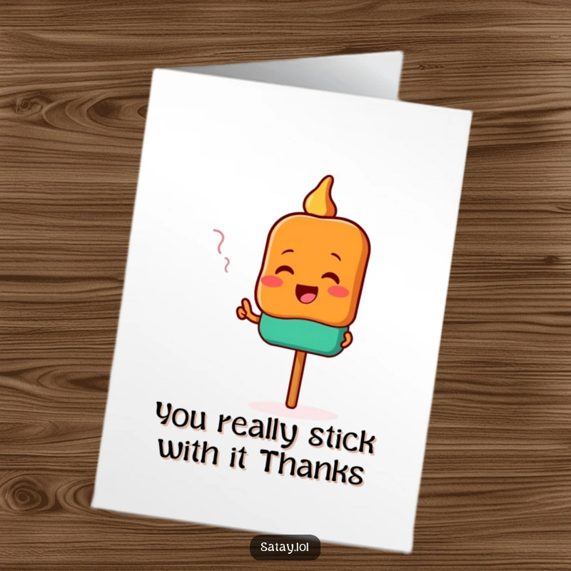 Funny Free Printable Thank You Card featuring a satay skewer character excitedly pointing towards a delicious aroma, expressing thanks with culinary enthusiasm.