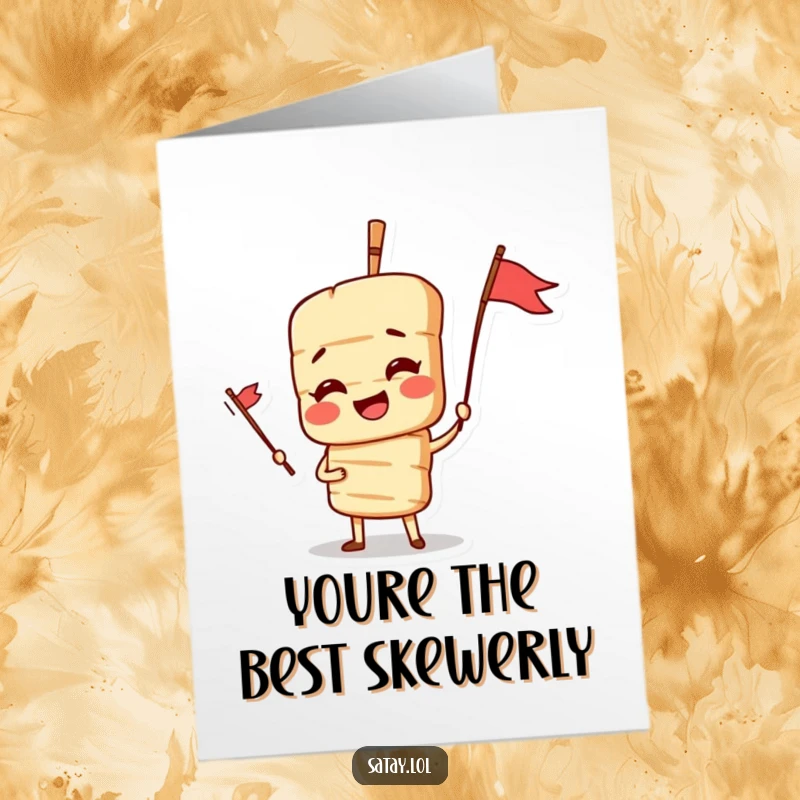 Funny Free Printable Thank You Card with a satay skewer character dramatically posing with a small flag, offering thanks.