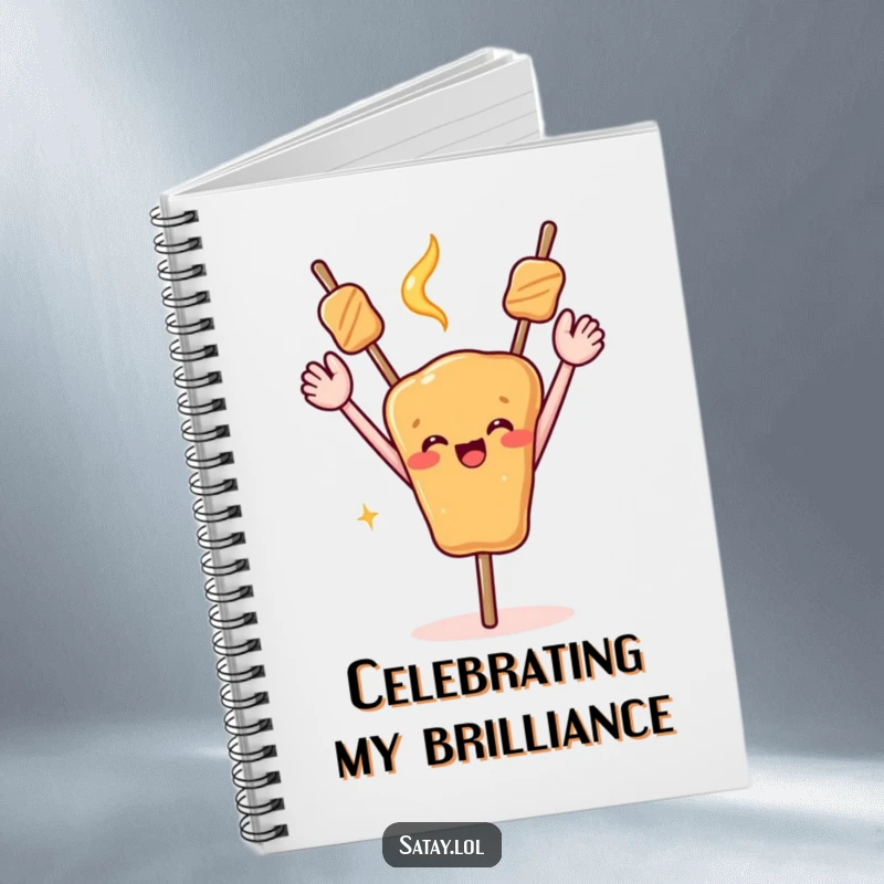 Funny notebook featuring a satay skewer with arms raised in the air, celebrating.