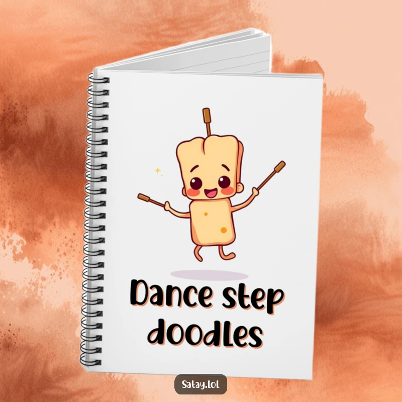 Funny satay skewer character notebook, doing a clumsy dance with floppy skewers, perfect for jotting down ideas and doodles.
