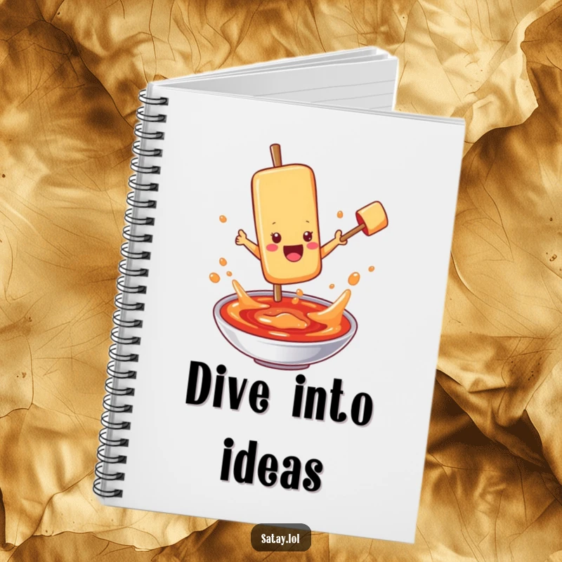 Funny satay skewer character notebook, jumping into bubbling sauce, perfect for jotting down flavorful ideas.