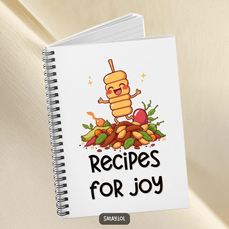 Funny giggling satay skewer on a notebook, hopping on spices, perfect for jotting down culinary ideas with enthusiasm.