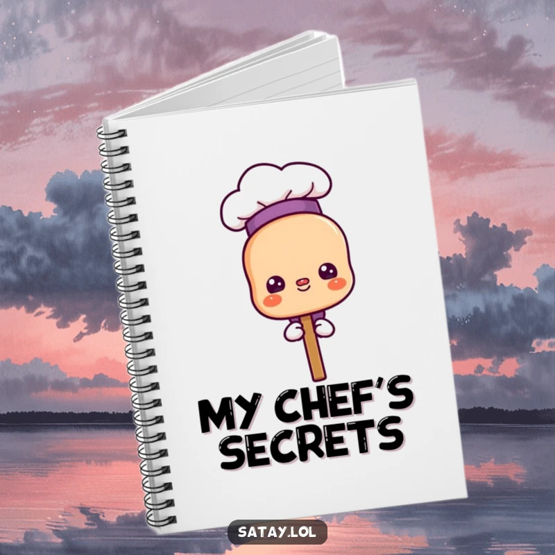 Funny proud chef satay skewer notebook, character wearing a chef hat and looking proud, perfect for recipe writing.