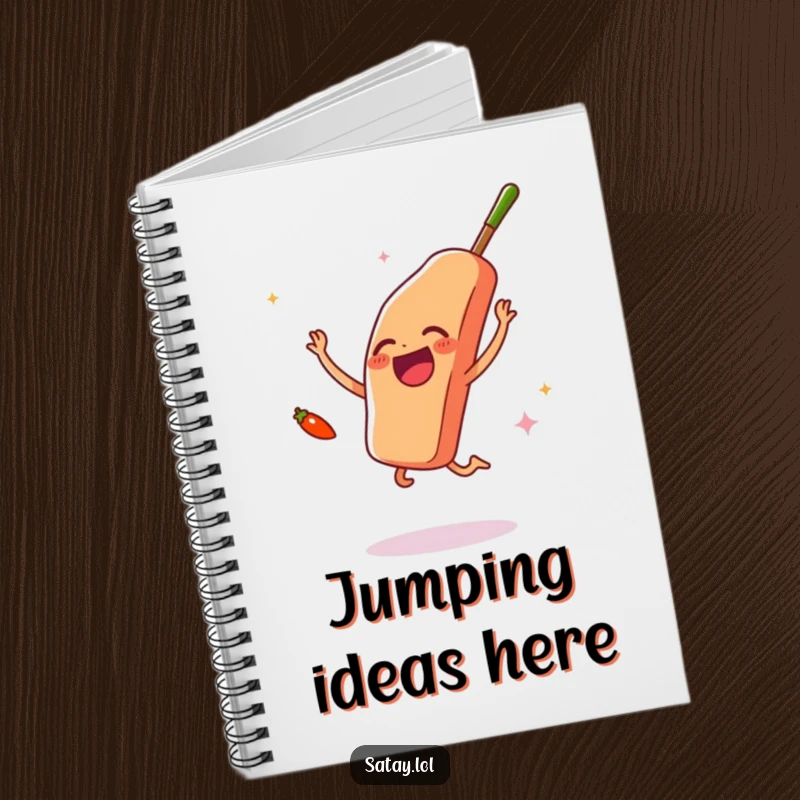 Funny satay skewer and chili pepper notebook, showing enthusiastic food and spice, ideal for jotting down flavorful ideas humorously.