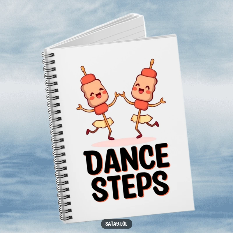 Funny notebook featuring happy satay skewers doing a synchronized dance, perfect for recipes and creative notes.