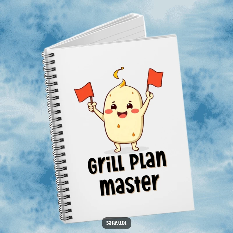 Funny Satay Character Notebook: A jubilant satay enthusiastically waves a miniature grill flag, perfect for jotting down celebratory ideas.