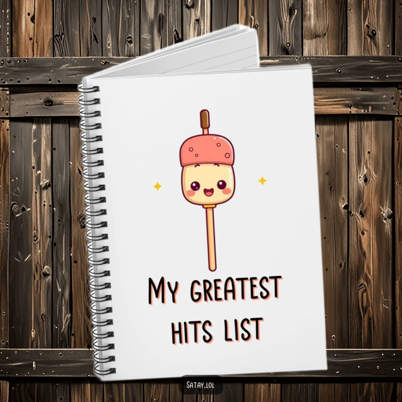 Funny notebook cover illustration of a satay skewer using its stick as a microphone, perfect for jotting down lyrics and ideas.