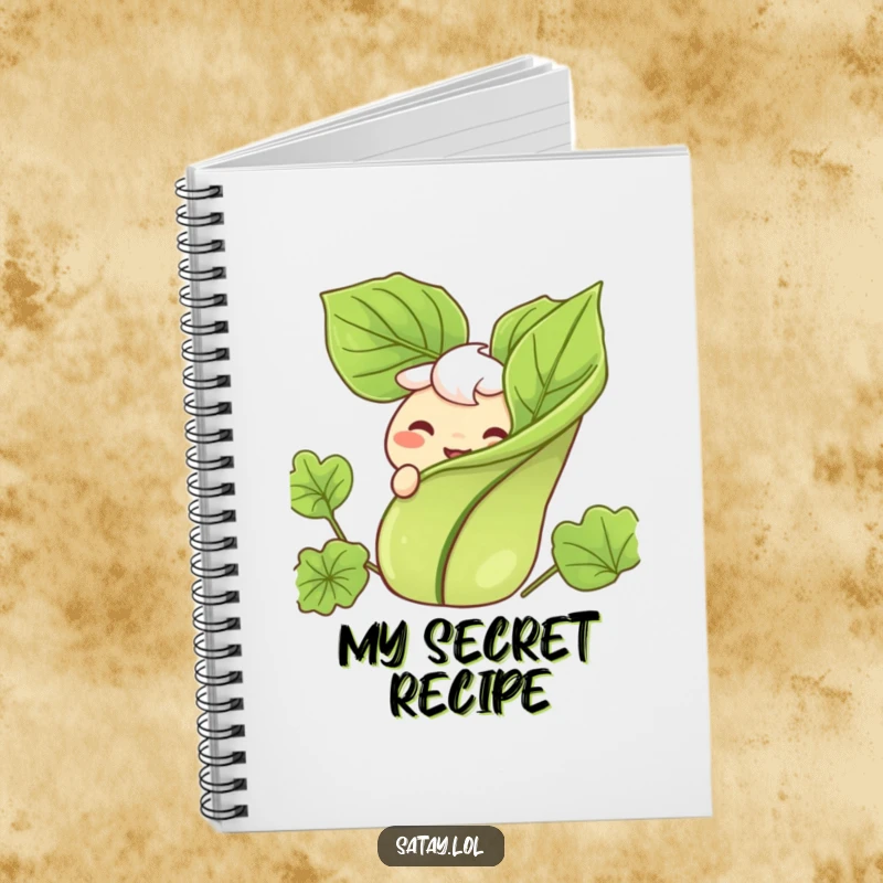 Funny notebook with a satay character peeking from behind a garnish, sporting a cheerful grin.
