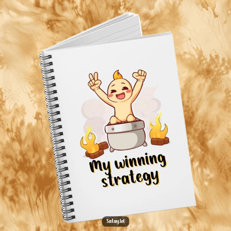 Funny notebook featuring a satay character in a triumphant pose on a smoky grill graphic.