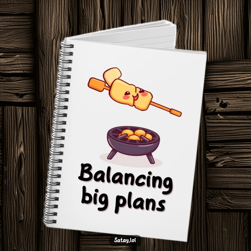 Funny satay skewer grill notebook, a smiling skewer balancing on a tiny grill, ideal for jotting down daring ideas with humor.