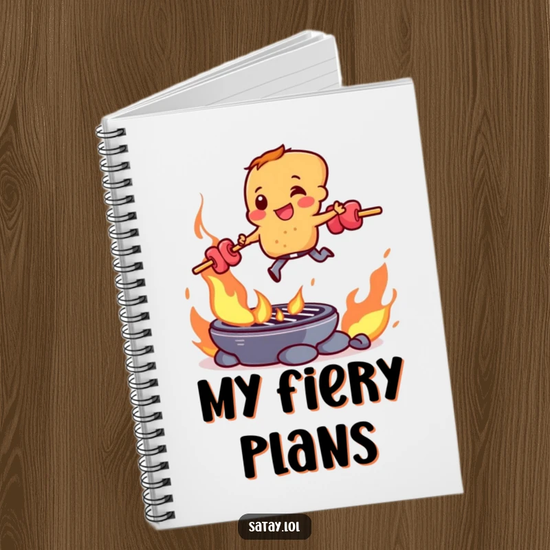 Funny satay skewer character performing a daring leap over a flaming grill, gracing the cover of this humorous notebook.