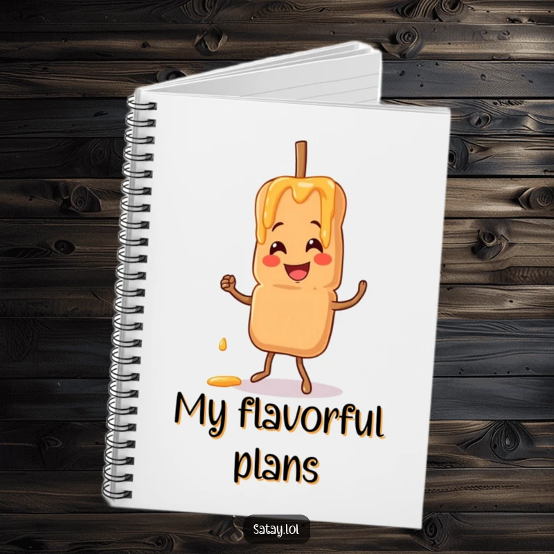Funny satay skewer notebook with a smiling skewer doing a jig and peanut sauce drizzling, ideal for recipes.