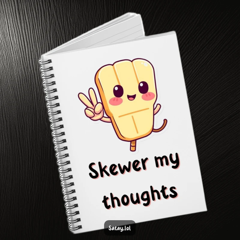 Funny Satay Skewer Notebook featuring a skewer character giving a peace sign with its tail, perfect for journaling or sketching with humor.