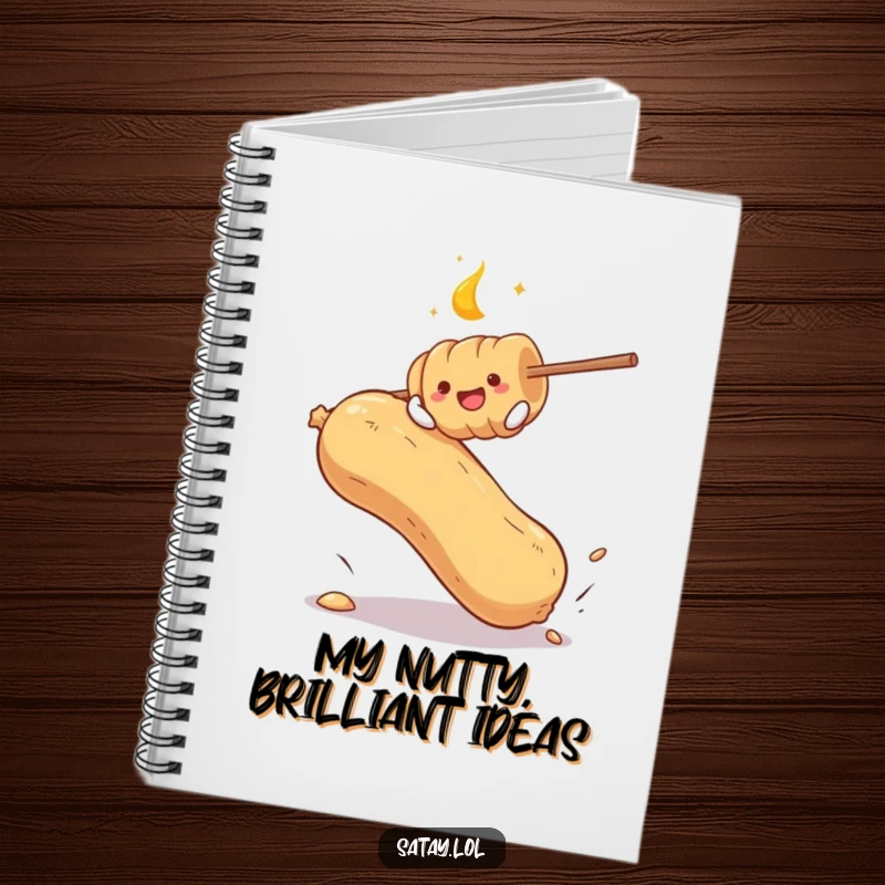 Funny notebook cover featuring a satay skewer gleefully bouncing on a giant peanut, a humorous stationery item for note-taking.