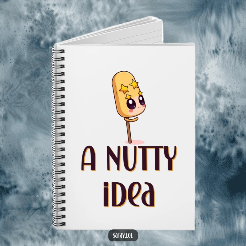 Funny Satay Skewer Notebook with a character starry-eyed over a giant peanut, perfect for jotting down delicious ideas.