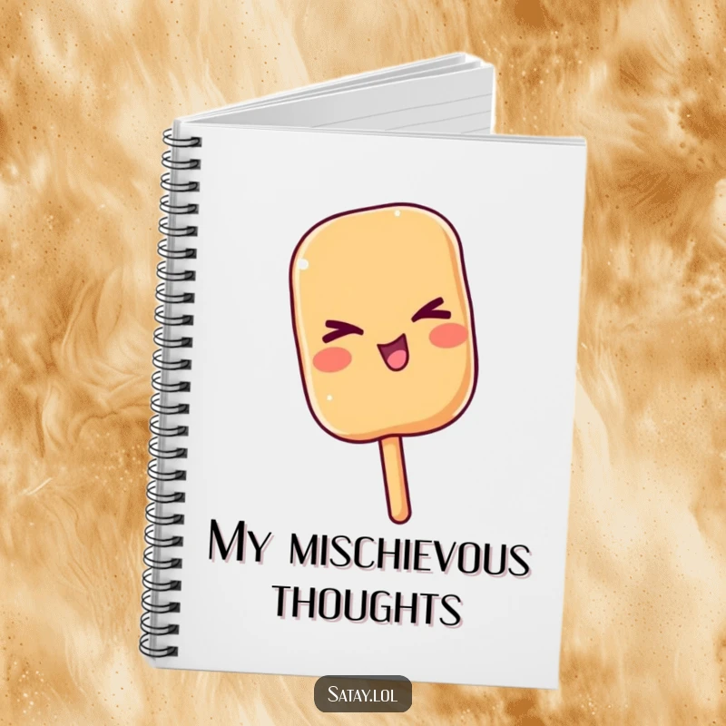 Funny satay skewer giving a playful wink on a lined notebook, perfect for recording ideas and playful thoughts.