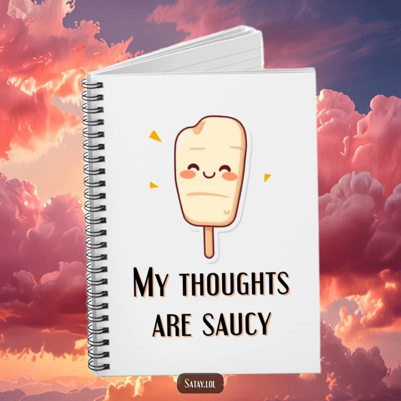 Funny notebook with a cheerful satay skewer grinning and caught in a happy wiggle.