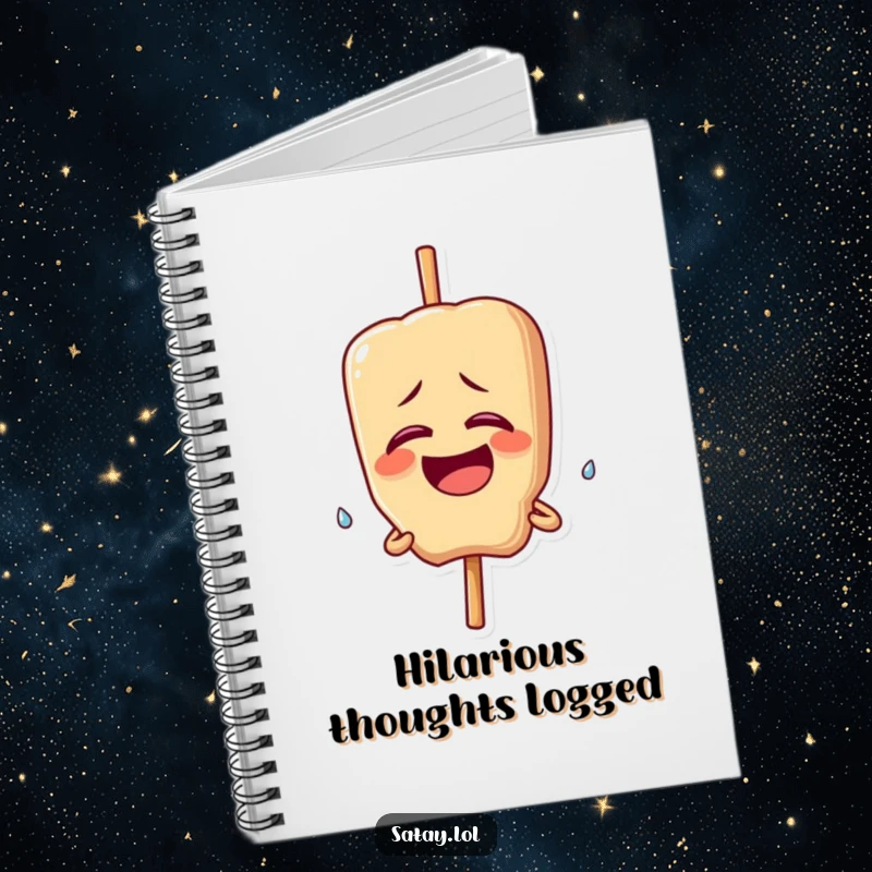 Funny notebook with a satay skewer character giggling uncontrollably, a single happy tear falling; perfect for journaling laughter.