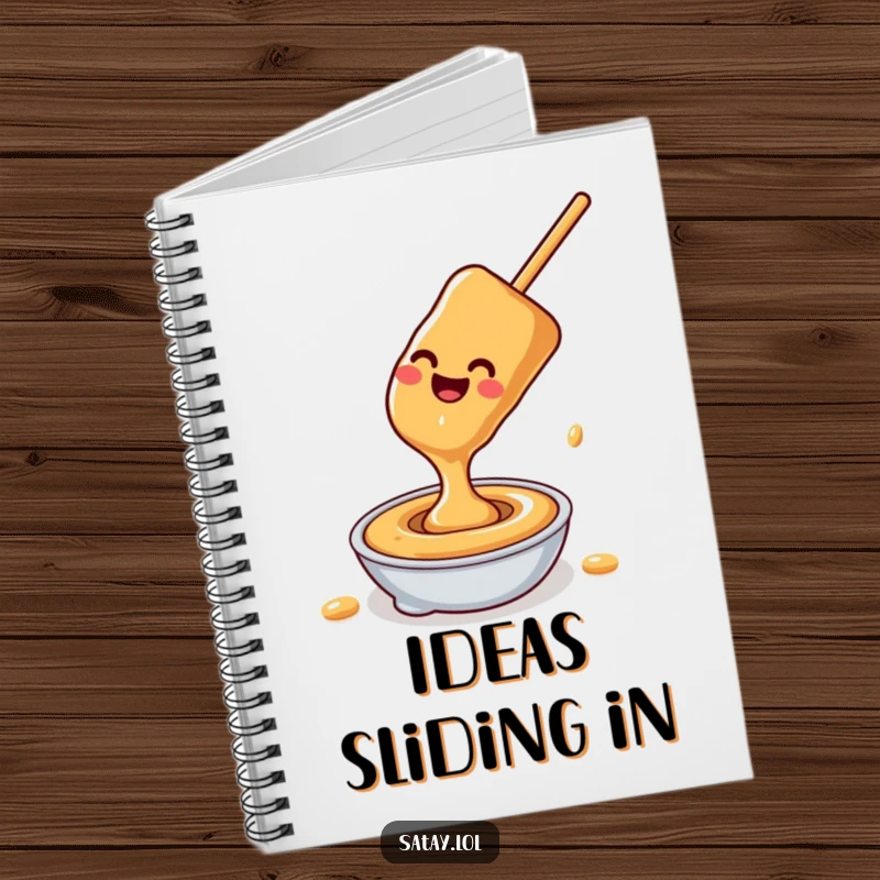 Funny satay skewer peanut sauce notebook, a happy skewer sliding down peanut sauce, ideal for jotting down ideas with saucy humor.
