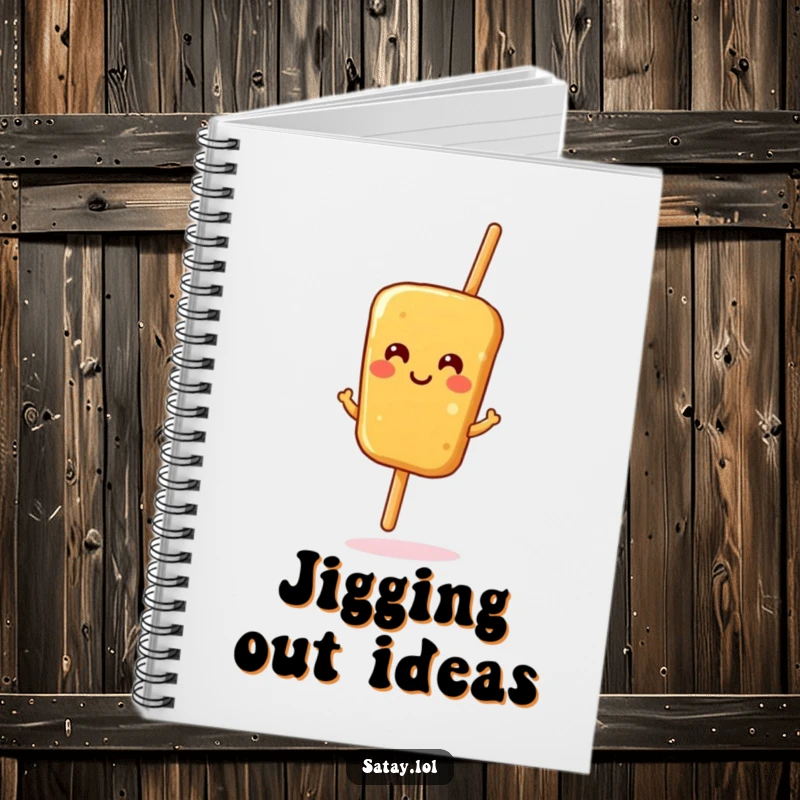 Funny satay skewer notebook, a smiling skewer doing a happy jig, ideal for jotting down notes with a humorous flair.