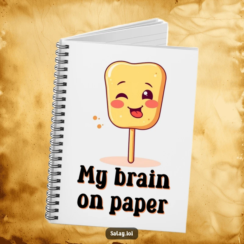 Funny satay skewer notebook, showing a silly face and tongue sticking out while spinning, ideal for jotting down humorous notes.