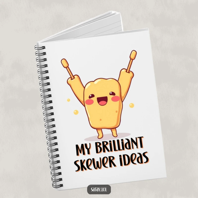 Funny notebook cover with a delighted satay skewer character raising its arms in a gesture of pure excitement and inspiration.