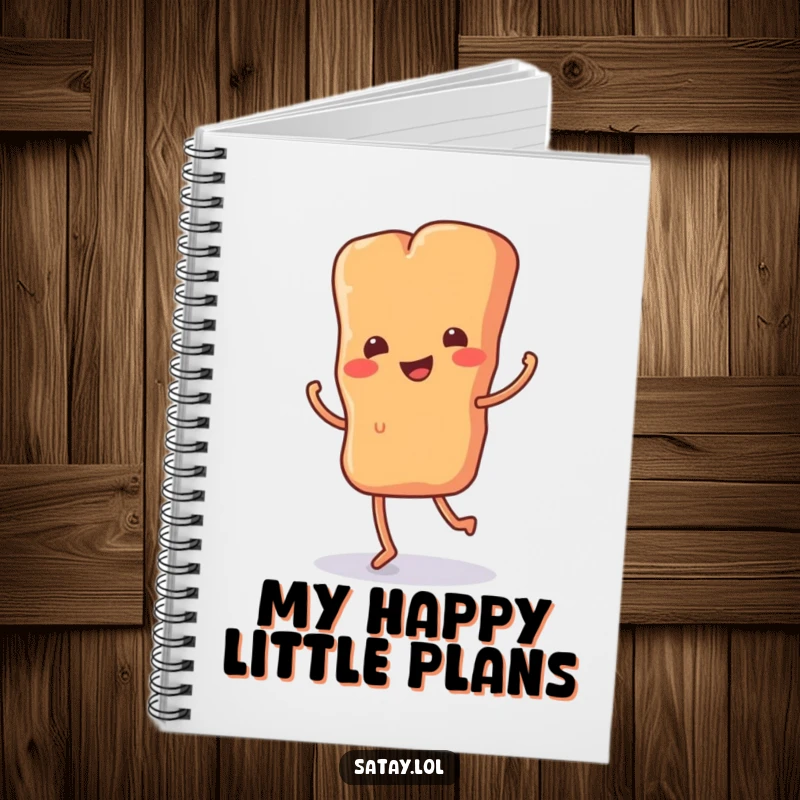 Funny notebook cover illustration of a satay skewer with tiny legs dancing a happy jig, perfect for jotting down food ideas.