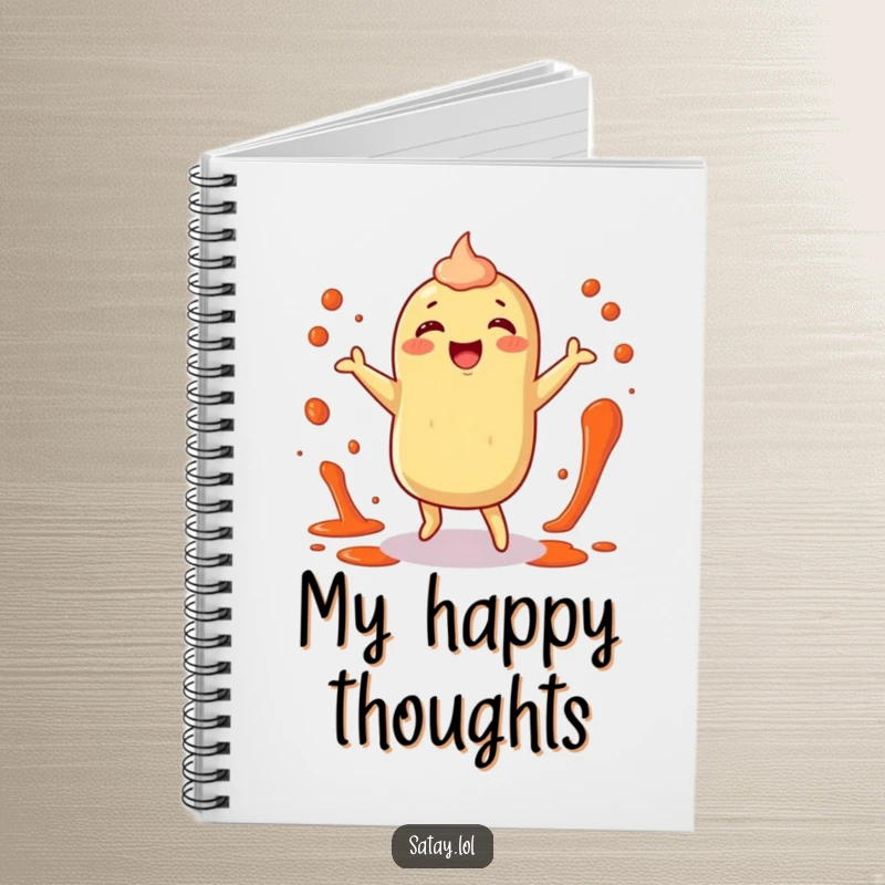 Funny satay notebook with a happy satay character dancing with sauce splatters, perfect for notes.