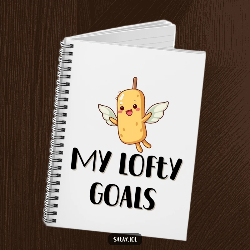Funny notebook with a satay skewer and peanut wings attempting flight, inspiring ambitious thoughts and plans.