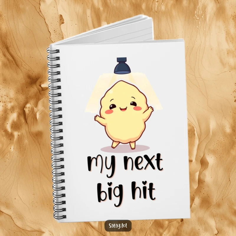 Funny satay lump dancing under a spotlight, gracing the cover of a lined notebook, ready for creative expression.