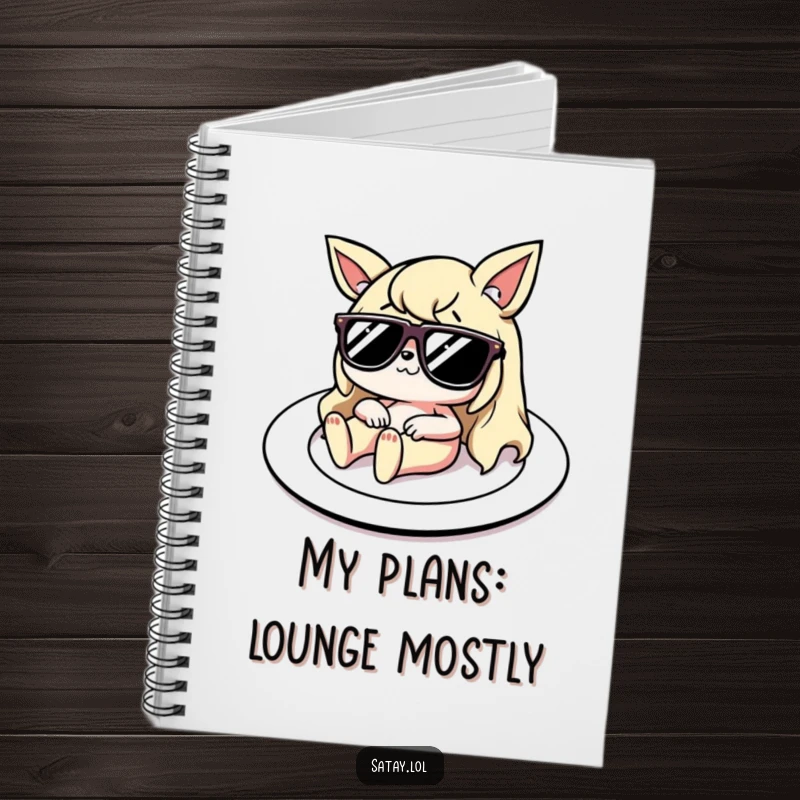 Funny Notebook: A satay character with tiny sunglasses lounges on a plate, providing a humorous backdrop for jotting down notes and ideas.