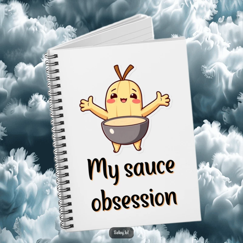 Funny notebook featuring a satay character with arms outstretched, embracing a bowl of dipping sauce.