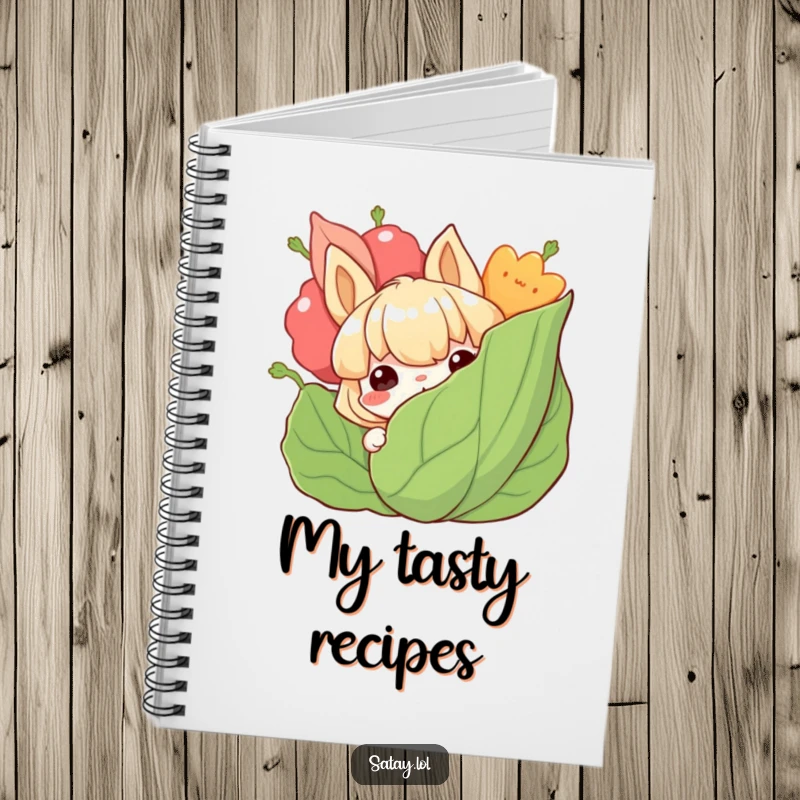 Funny satay notebook with a grinning satay character peeking from behind a leafy garnish, perfect for notes.